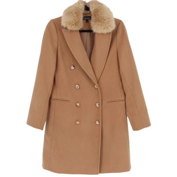 Topshop Women's Coat Size US 4 Camel Brown Faux Fur Collar Winter Mid-Length - Picture 1 of 9